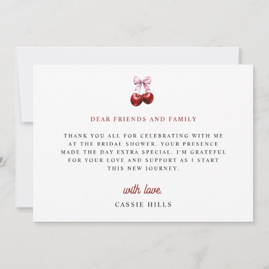 Moderne Roze Strik Bruiloft Feestje 'Cherry On Top Bedankkaart (Achterkant)