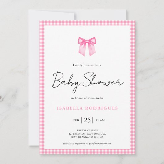 Moderne roze strik gingham babyshower uitnodiging (Voorkant)