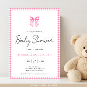Moderne roze strik gingham babyshower uitnodiging