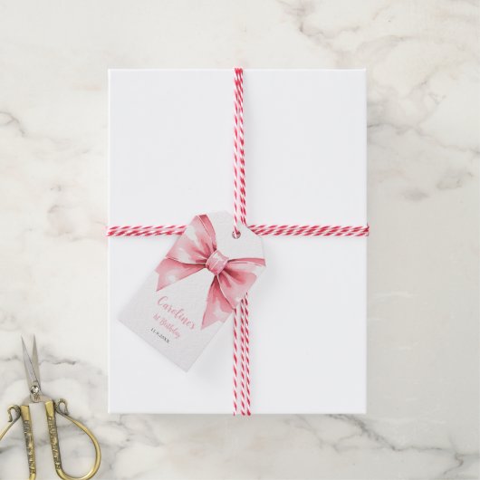 Moderne Roze Strik Meisje Eerste Verjaardag Cadeaulabel (Met Touw)