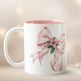 Moderne Roze Strik Poinsettia Kerst Naam Tweekleurige Koffiemok