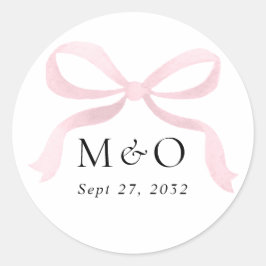 Moderne Roze Strik Waterverf Monogram Bruiloft Ronde Sticker