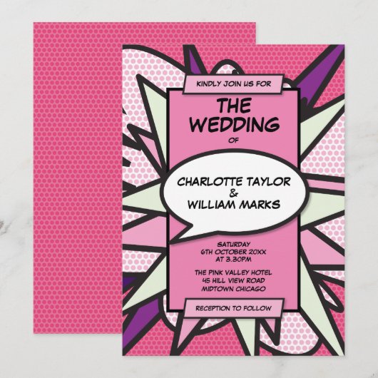 Moderne Roze Stripboek Thema Trouw Uitnodiging (Voorkant / Achterkant)