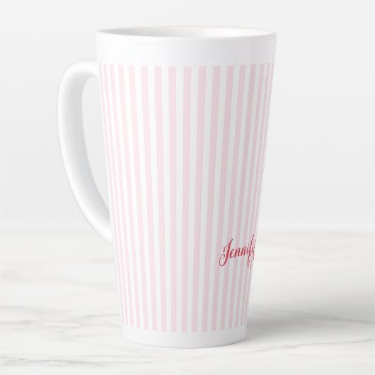 Moderne roze striped Elegant Typografie Monogramed Latte Mok (Linkerhoek)