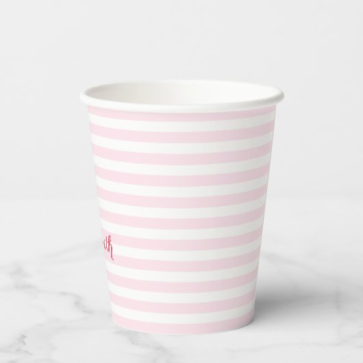 Moderne roze stripes Elegant Monogrammed Typografi Papieren Bekers (Achterkant)