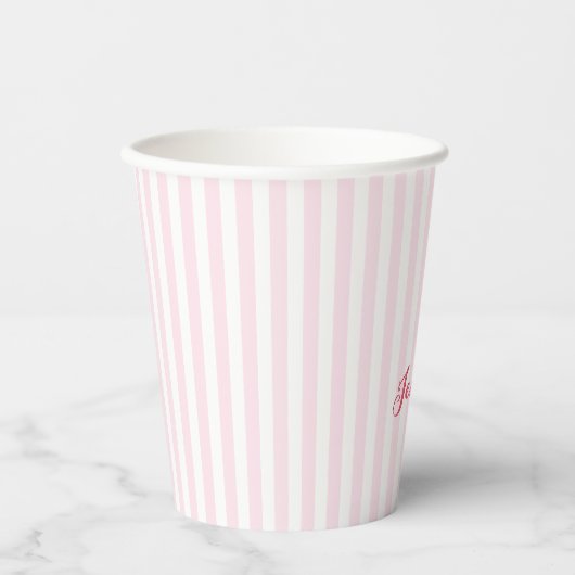 Moderne roze stripes Elegant Typografie Monogramed Papieren Bekers (Voorkant)