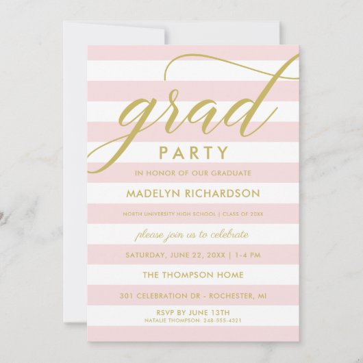 Moderne roze stripes Gold Custom Afstudeerder Part Kaart (Voorkant)