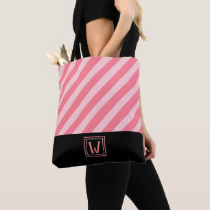 Moderne roze strips met elegant monogram tote bag
