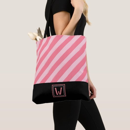 Moderne roze strips met elegant monogram tote bag (Dichtbij)