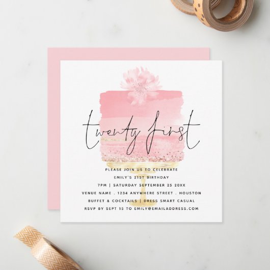 Moderne Roze Taart 21e Verjaardag Uitnodiging (Voorkant / Achterkant in situ)