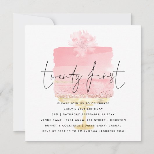 Moderne Roze Taart 21e Verjaardag Uitnodiging (Voorkant)