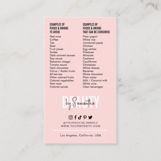 Moderne Roze Tanden Whitening Aftercare Instructio Visitekaartje (Achterkant)