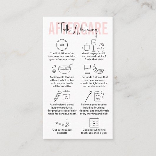 Moderne Roze Tanden Whitening Aftercare Instructio Visitekaartje (Voorkant)
