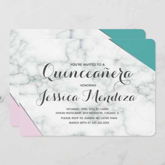 Moderne Roze Teal Marmer Quinceañera Sweet 15 Kaart (Voorkant / Achterkant)