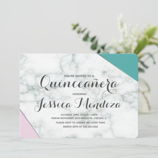 Moderne Roze Teal Marmer Quinceañera Sweet 15 Kaart (Staand voorkant)