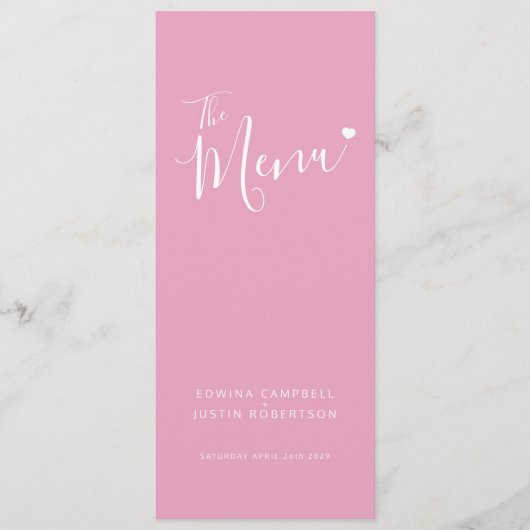 Moderne roze tekst wit hart eenvoudig trouwmenu menu (Voorkant)