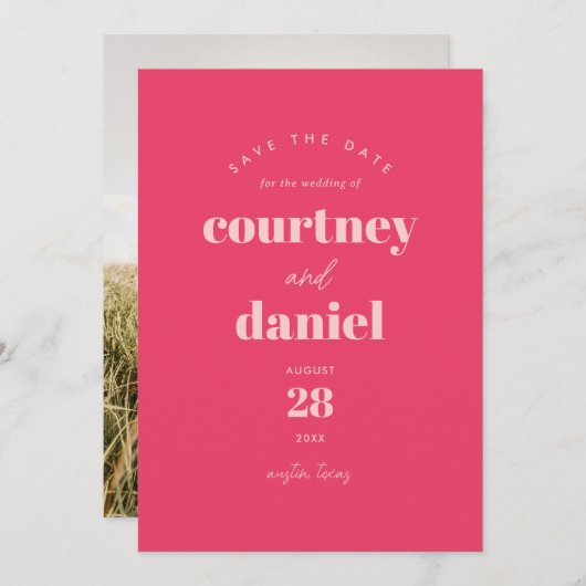 Moderne roze trendy foto Bewaar de datum Save The Date (Voorkant / Achterkant)