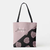 Moderne Roze Tropische Blad Monogram Tote Bag (Achterkant)