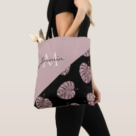 Moderne Roze Tropische Blad Monogram Tote Bag