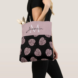 Moderne Roze Tropische Blad Monogram Tote Bag