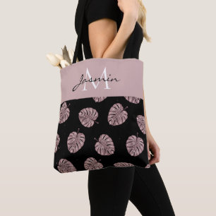 Moderne Roze Tropische Blad Monogram Tote Bag