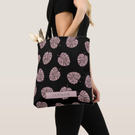 Moderne Roze Tropische Blad Naam Patroon Tote Bag