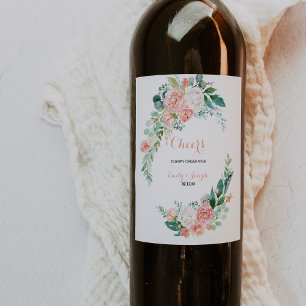Moderne Roze Tropische Bloemen Bruiloft Wijn Label Wijn Etiket