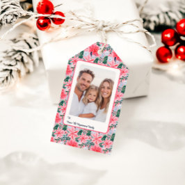 Moderne Roze Tropische Kerstbloemen Foto Cadeaulabel