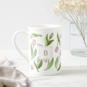 Moderne Roze Tulp Bloem Monogram Porselein Kop
