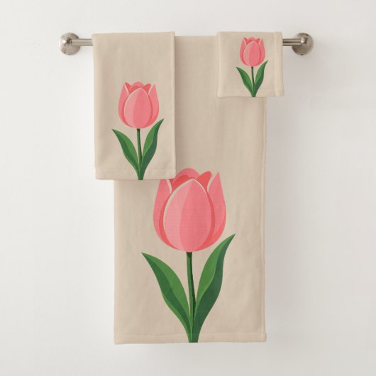 Moderne Roze Tulp Bloem op Licht Beige Bad Handdoek (Insitu)