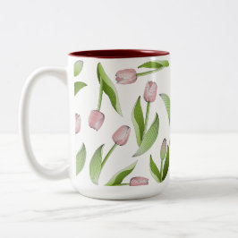 Moderne Roze Tulp Bloem Patroon Tweekleurige Koffiemok