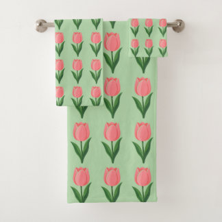 Moderne roze tulp bloempatroon op lichtgroen bad handdoek