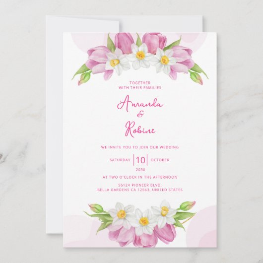Moderne Roze Tulp en Narcissus Bloemen Huwelijk Kaart (Voorkant)