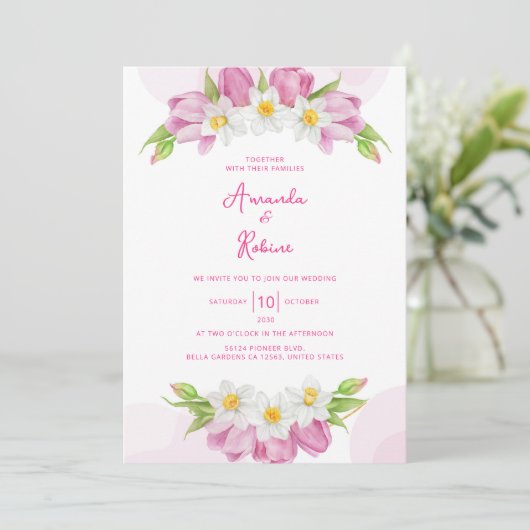 Moderne Roze Tulp en Narcissus Bloemen Huwelijk Kaart (Staand voorkant)