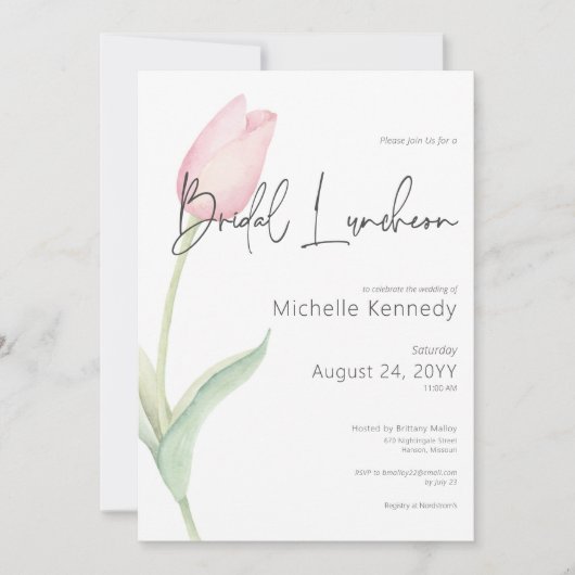 Moderne roze tulp solo bruids lunch kaart (Voorkant)