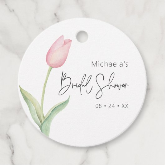 Moderne Roze Tulp Solo Bruidsdouche Bedankjes Labels (Voorkant)