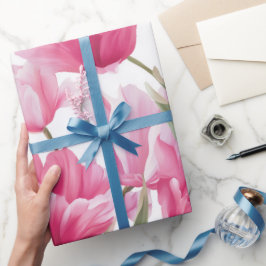 Moderne Roze Tulp Witte Bloemmotief Cadeaupapier
