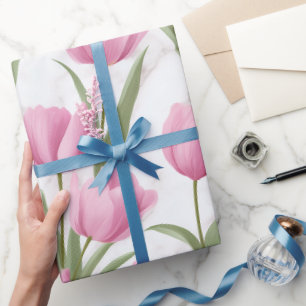 Moderne Roze Tulp Witte Bloemmotief Cadeaupapier