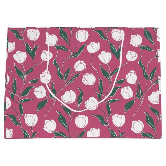 Moderne Roze Tulp Witte Bloemmotief Groot Cadeauzakje (Voorkant)