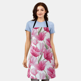 Moderne Roze Tulp Witte Bloemmotief Schort