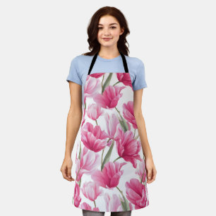 Moderne Roze Tulp Witte Bloemmotief Schort