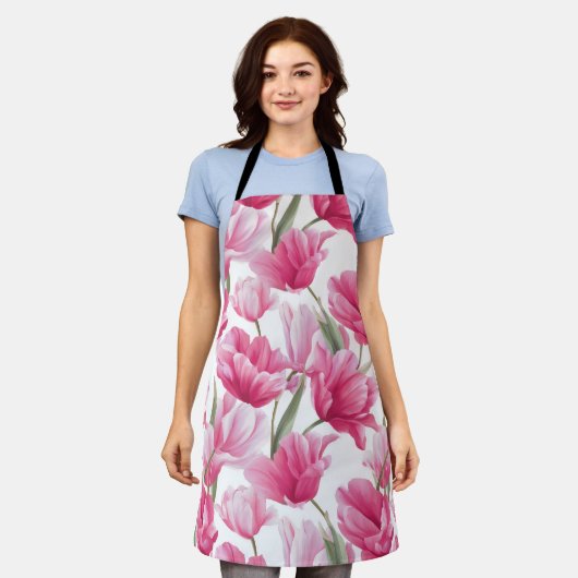 Moderne Roze Tulp Witte Bloemmotief Schort (Gedragen)