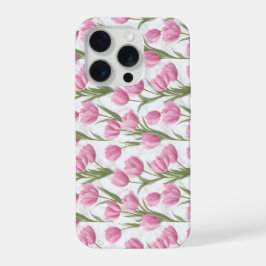 Moderne Roze Tulp Witte Bloempatroon iPhone 15 Pro Case