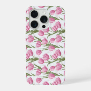 Moderne Roze Tulp Witte Bloempatroon iPhone 15 Pro Case
