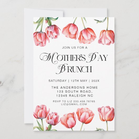 Moderne Roze Tulpen Bloemen Moederdag Brunch Kaart (Voorkant)