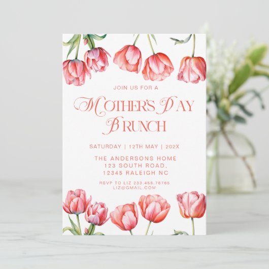 Moderne Roze Tulpen Bloemen Moederdag Brunch Kaart (Staand voorkant)