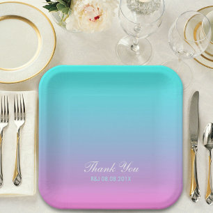 moderne roze turquoise ombre trouw favor papieren bordje