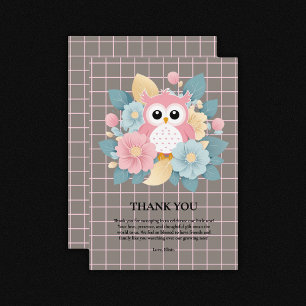 Moderne Roze Uil Bloemen & Raster Baby shower Bedankkaart