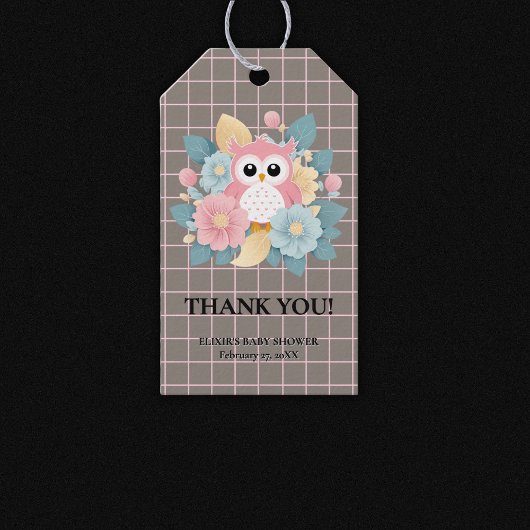 Moderne Roze Uil Bloemen & Raster Baby shower Cadeaulabel
