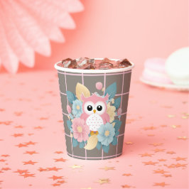 Moderne Roze Uil Bloemen & Raster Baby shower Papieren Bekers